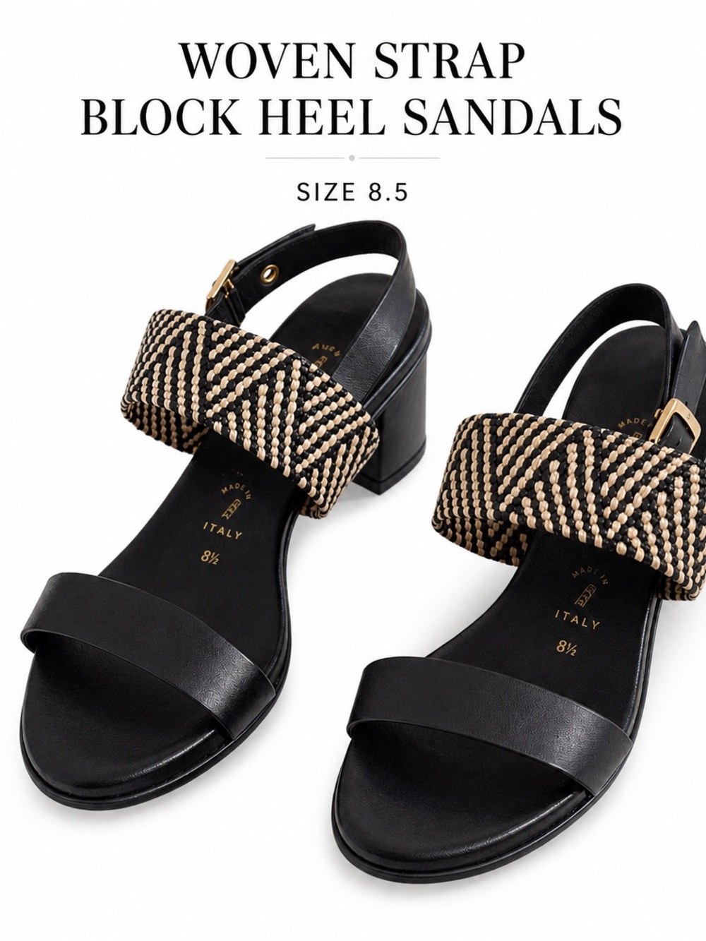 👉 Woven Strap Block Heel Sandals Size 8.5 Black Ankle Strap Chic